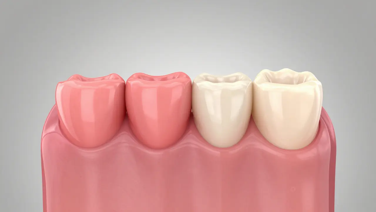 Srovnání zdravých růžových dásní a bledých dásní při anémii.