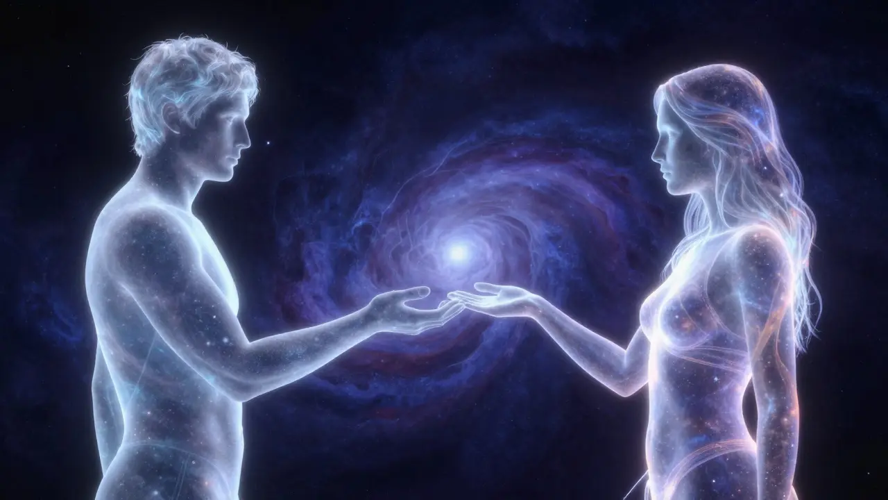 Surrealní zobrazení dvou světelných postav symbolizujících vnitřní mužský a ženský princip.