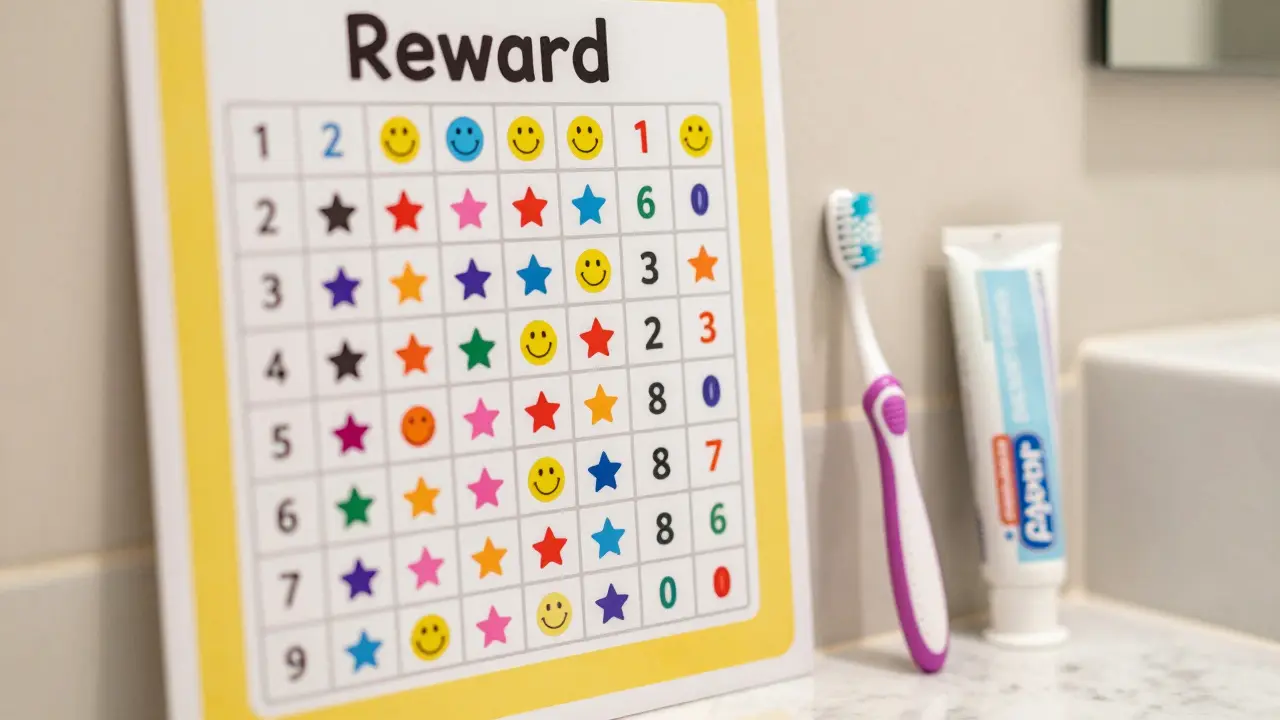 Tabulka s nálepkami jako odměna za pravidelné čištění zubů v koupelně.