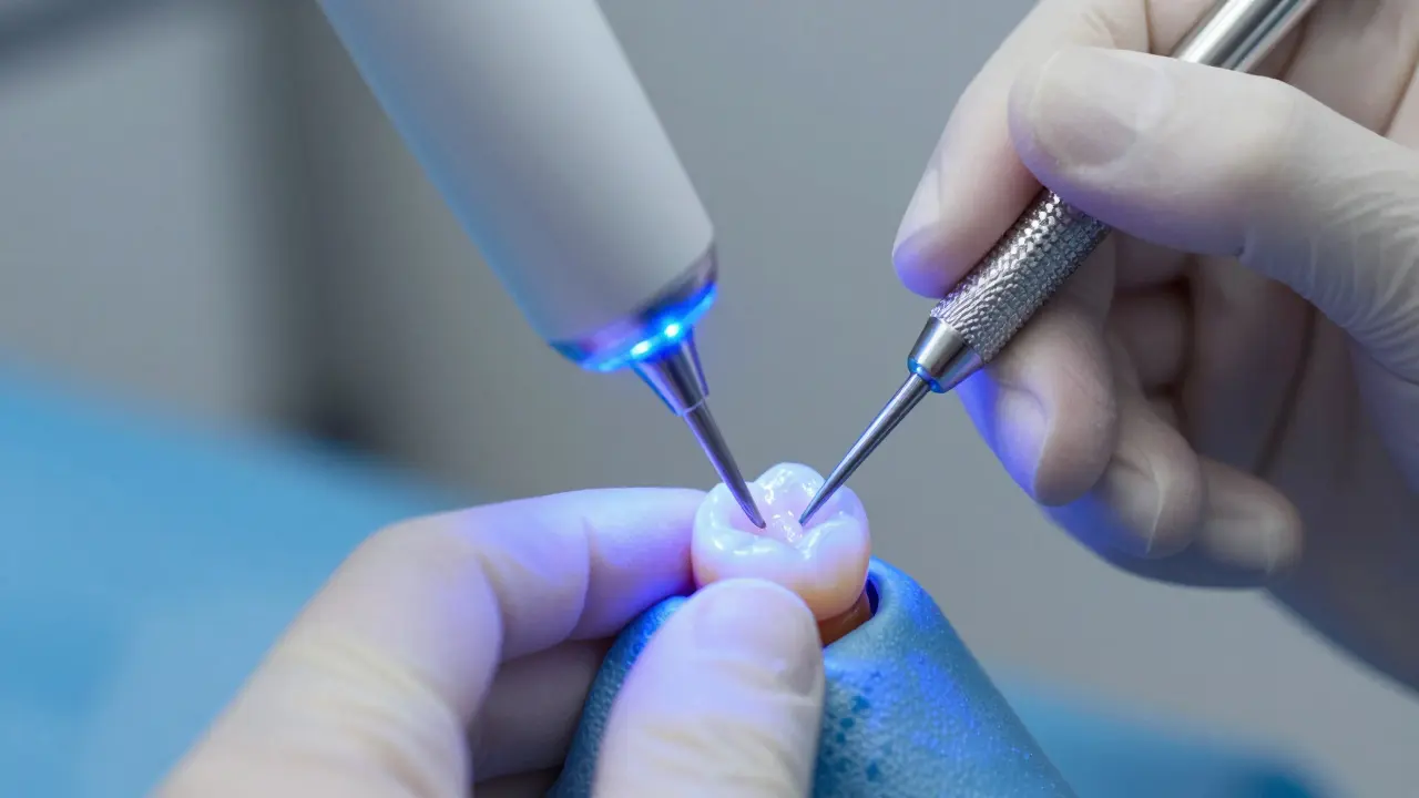 Záběr z procesu nanášení kompozitní pryskyřice na zub pomocí modrého světla.