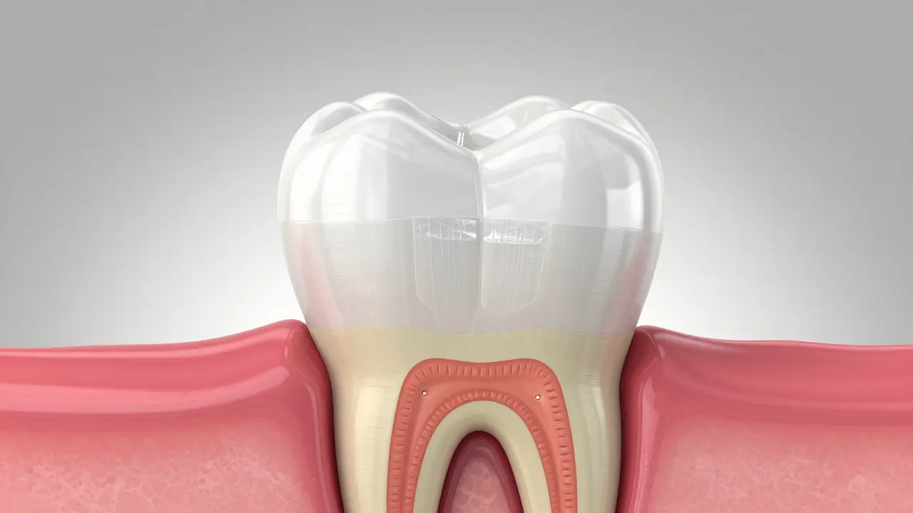 3D model zubu ukazující vrstvu skloviny a dentinu