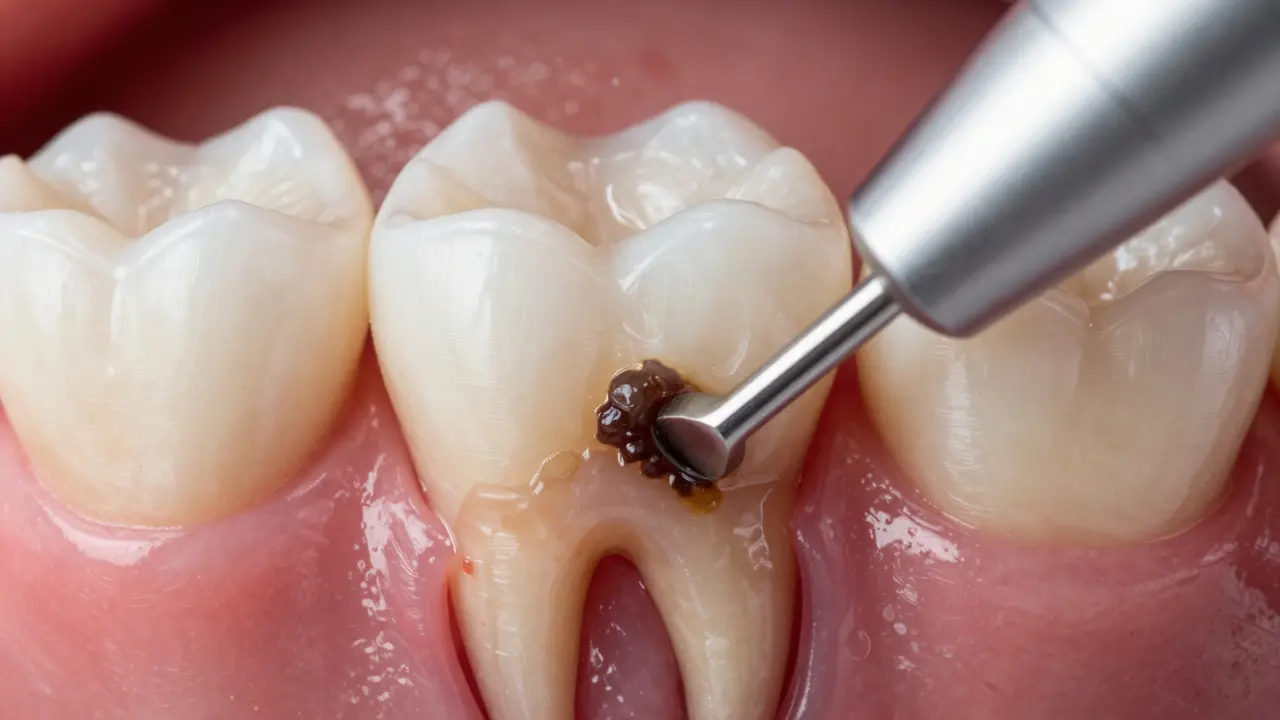 Detailní záběr čištění zubního kořene od plaku a kamene