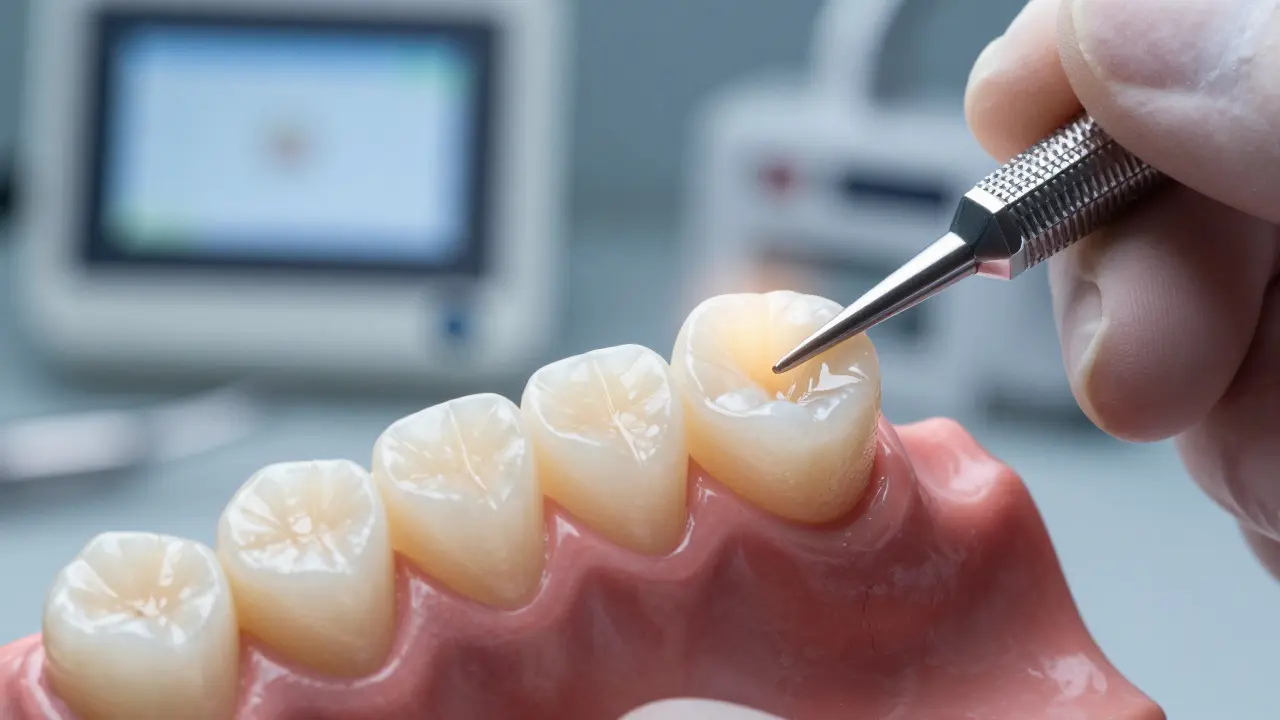 Detailní záběr na estetickou zirkonovou korunku při osazování na zub.