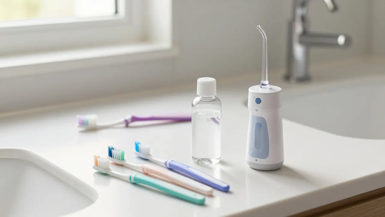 Hygienické pomůcky na stole: mezizubní kartáčky, solný roztok a irrigátor.
