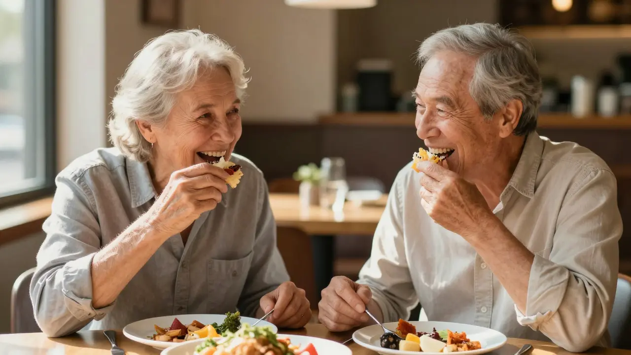 Senior pár šťastně konzumuje jídlo v restauraci díky zdravým zubům