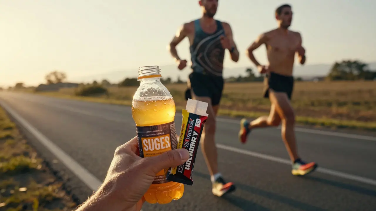 Sportovec s energetickým gelem a nápojem při běhu
