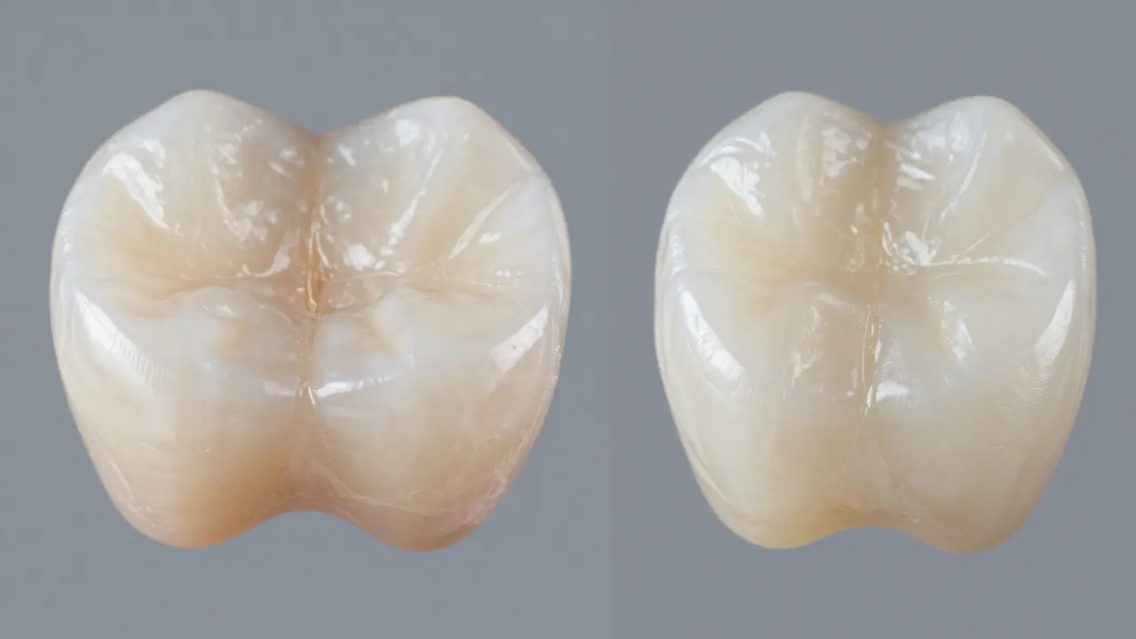 Srovnání přirozeného zuba s realistickým leskem a plochého umělého náhrníku