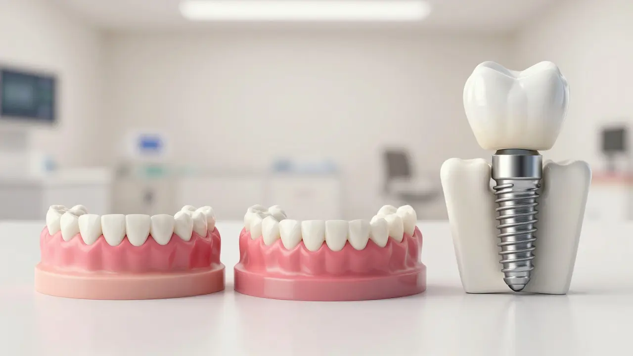 Srovnání tří typů náhrady: zubní most, sundavá protéza a implantát s korunou.