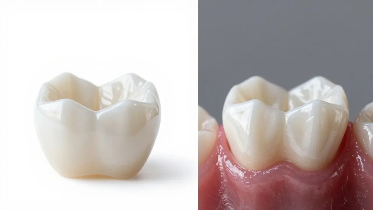 Detail keramické korunky a rizika recese dásně