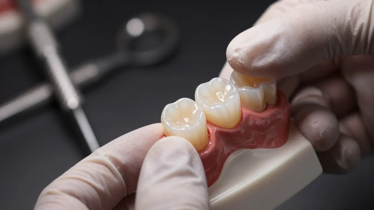 Detailní záběr na porcelánový veneer před aplikací