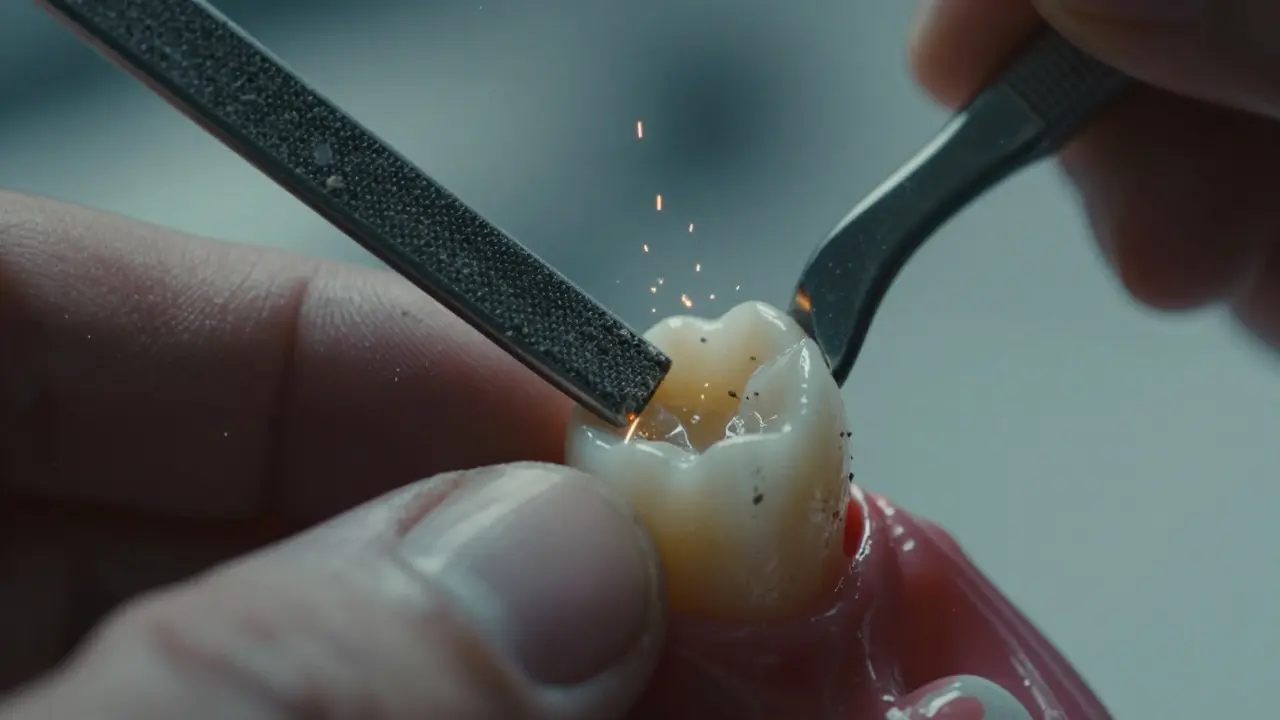 Nebezpečné broušení zubu pilníkem odhalující citlivou dentinu