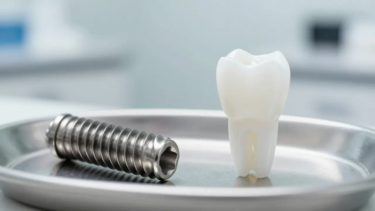 Porovnání titanového a keramického zubního implantátu na lékařském podnose