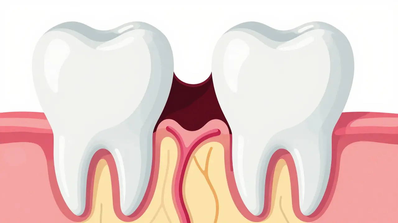 Přesný řez zubem ukazující kaz v dentinu