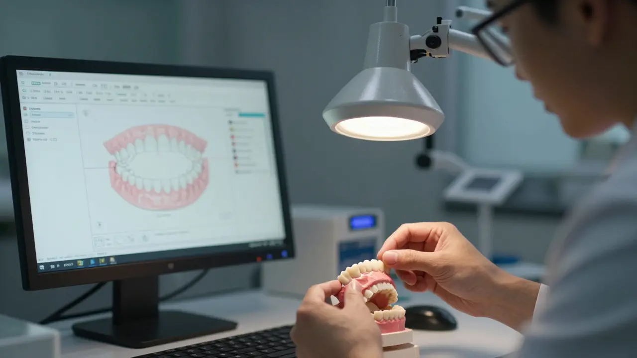 Technik v laboratoři pečlivě vytváří vrstvy keramiky pro dentální restauraci.