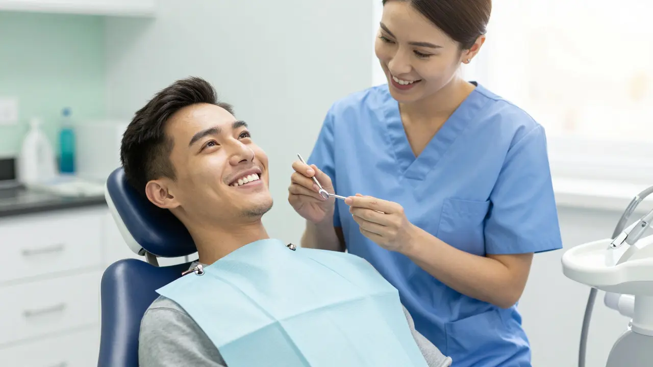 Uvolněný pacient v zubním křesle s úsměvem během preventivní prohlídky u hygienika.