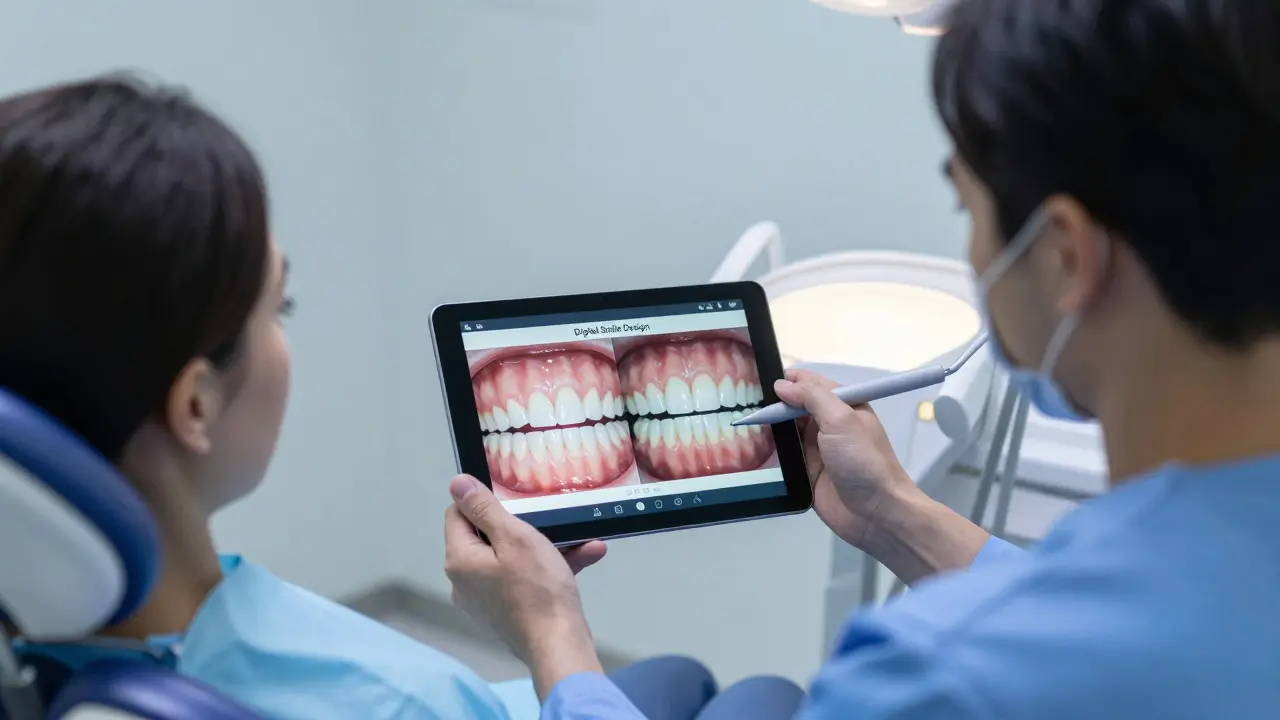 Zubní lékař ukazuje digitální simulaci úsměvu pacientovi