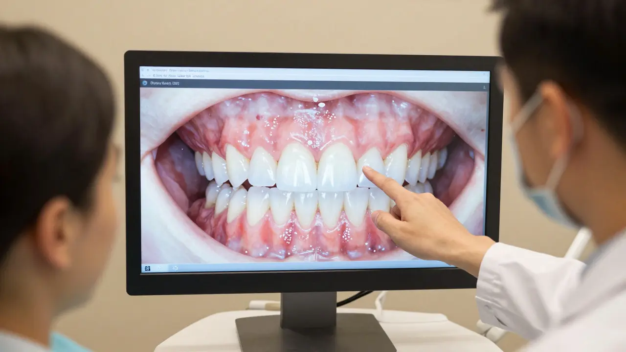 Zubní lékař vysvětluje digitální simulaci úsměvu pacientovi u monitoru