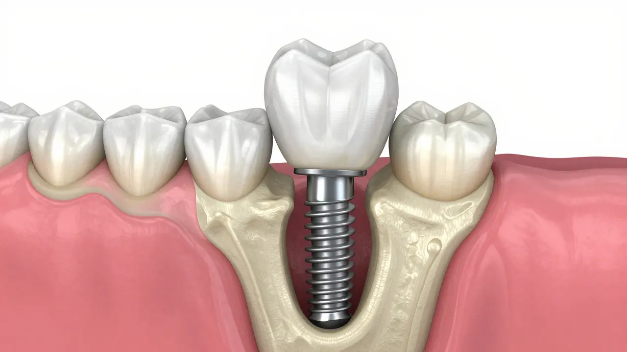 3D ilustrace zubního implantátu integrovaného do čelistní kosti