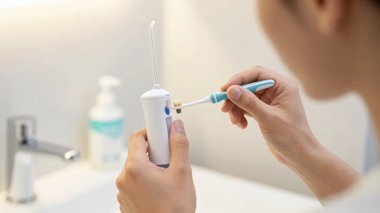 Člověk čistící mezizubní prostory kolem implantátu