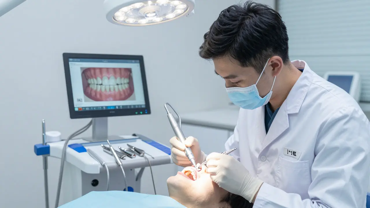 Dentista aplikuje fasetu v moderní ordinaci