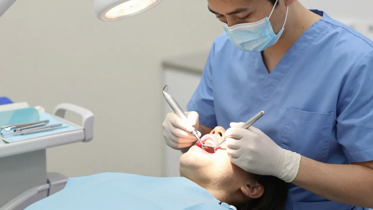 Dentista při aplikaci estetických fazet v ordinaci
