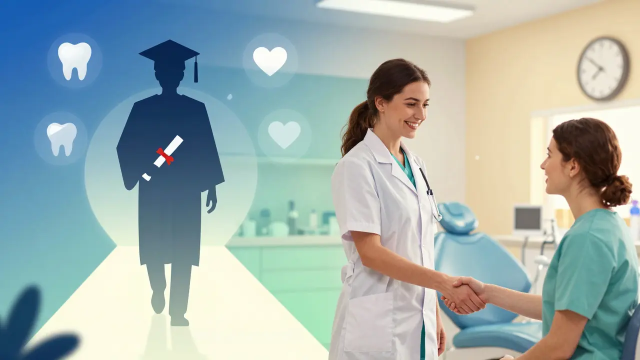 Ilustrace kariérního růstu a spokojenosti dentální hygienistky s pacientem