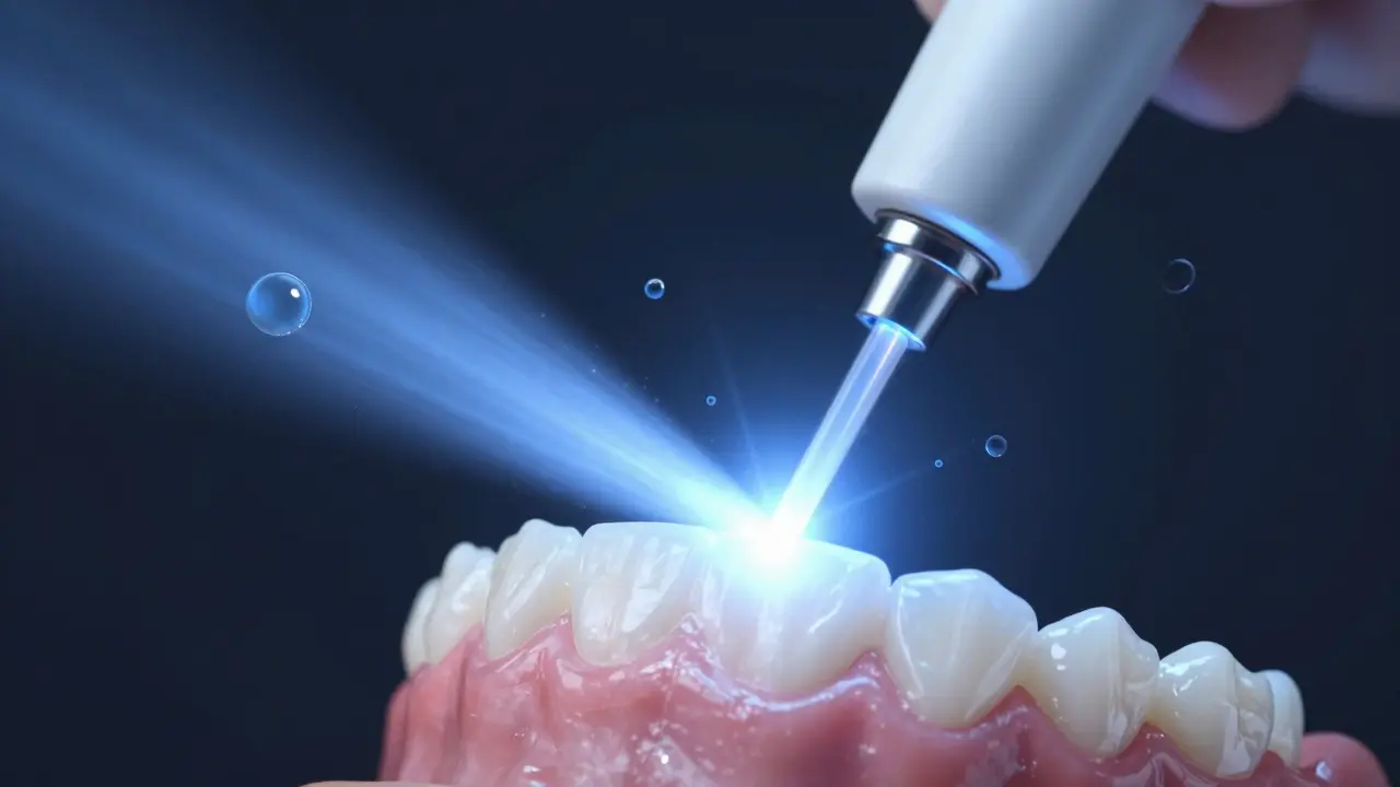 Laserové světlo osvětluje zářivě bílé zuby v klinickém prostředí