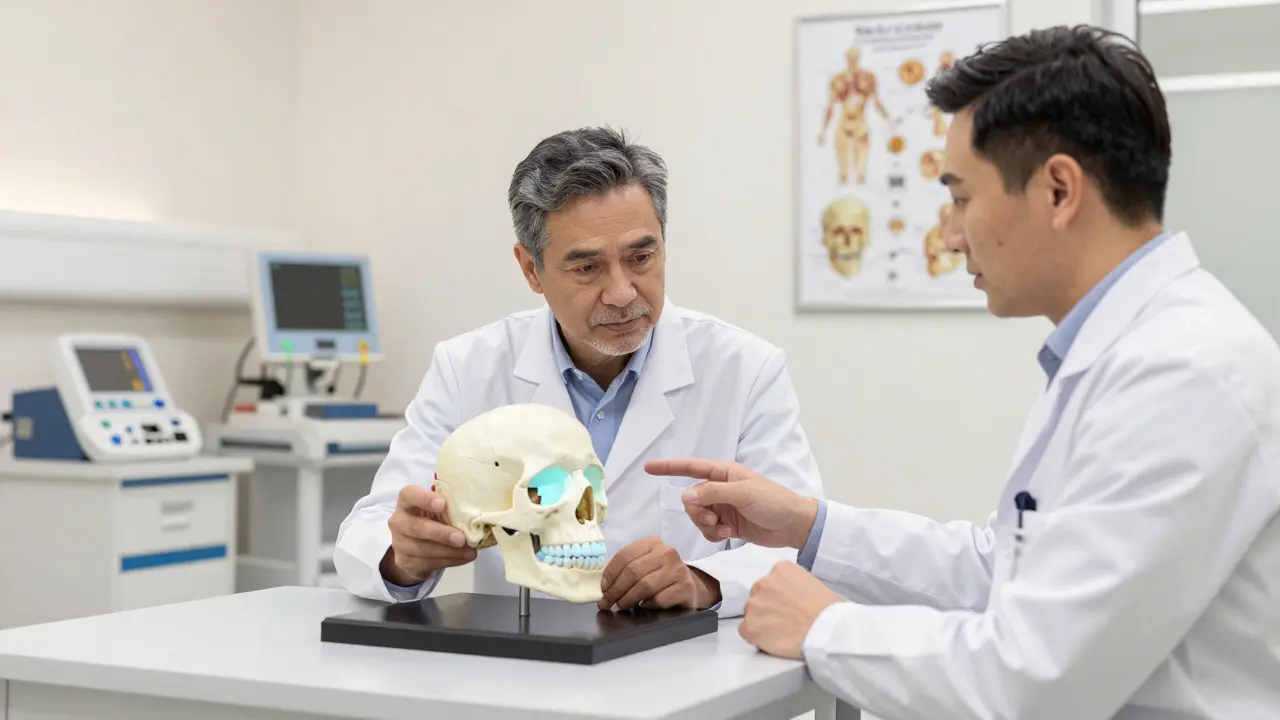 Lékaři analyzují 3D model lebky při plánování operace