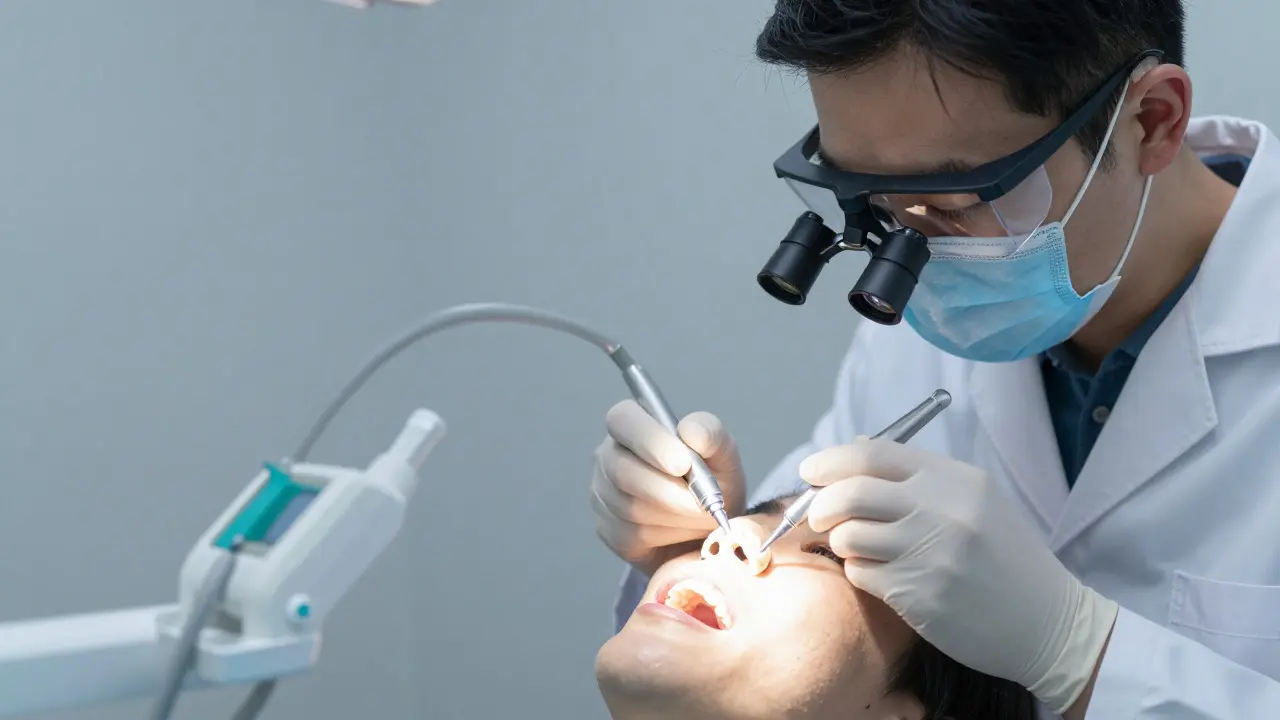 Stomatolog diagnostikuje prasklinu světelným přisvětlováním