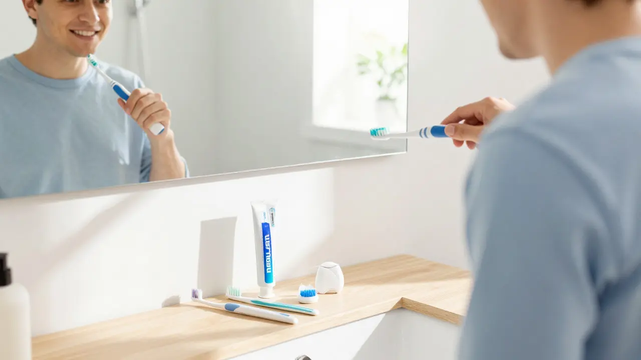 Člověk si čistí zuby elektrickým kartáčkem v osvětlené koupelně s dentálními pomůckami
