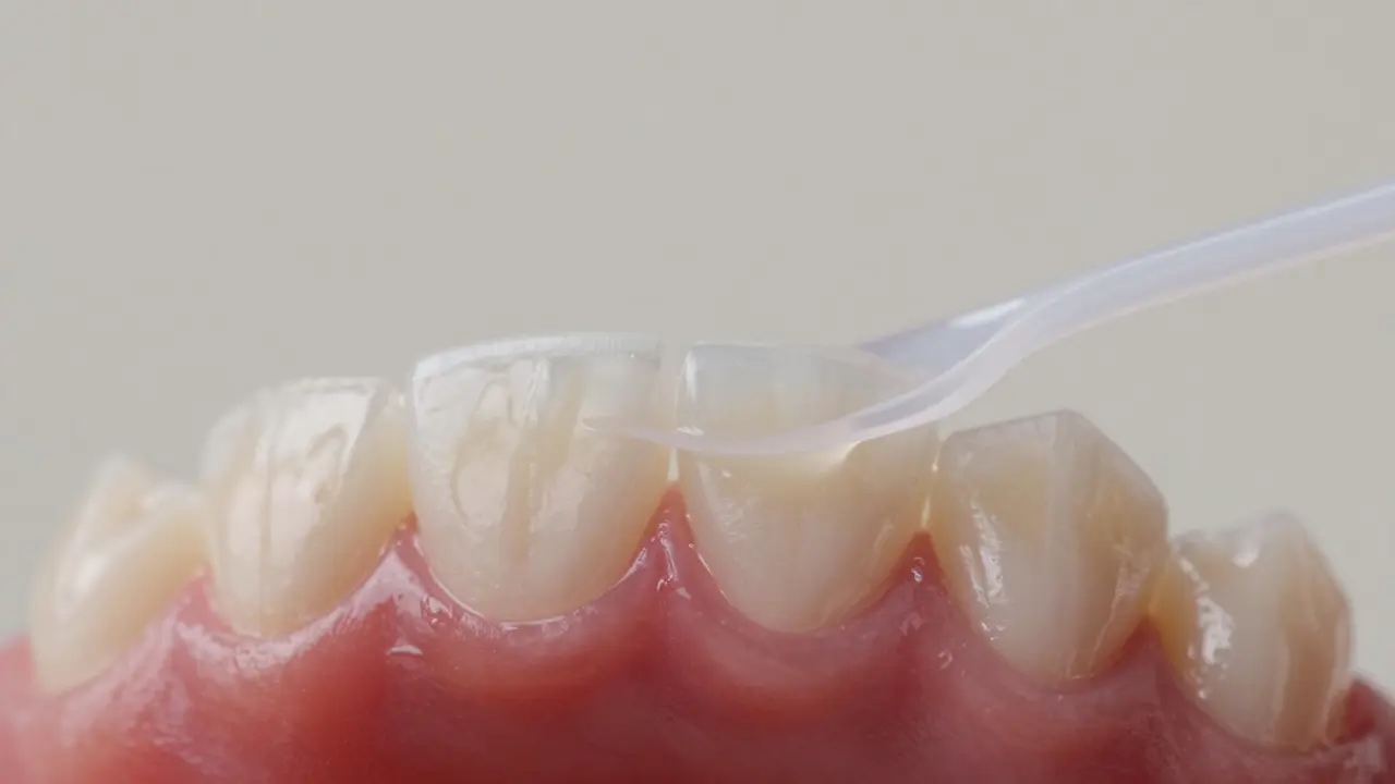 Detail aplikace průhledných bělicích pásek na zuby