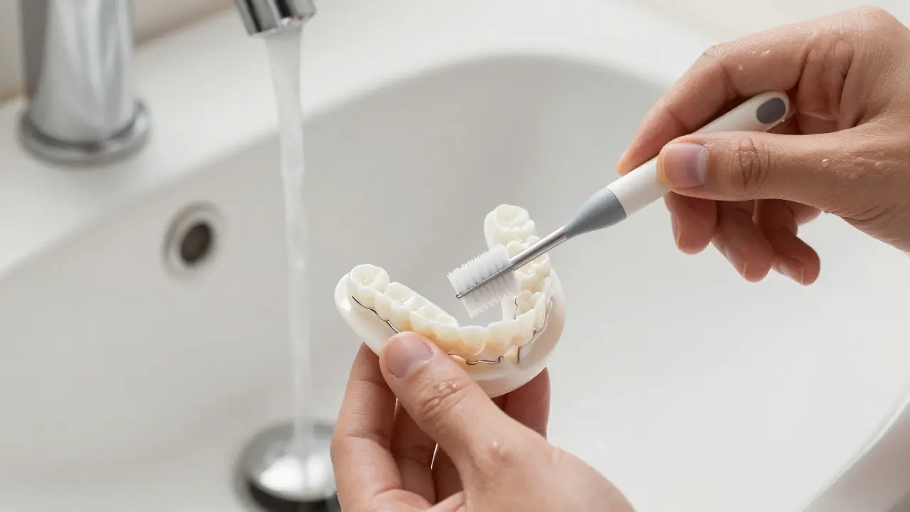 Hands cleaning a modern flexible denture with a brush under running water