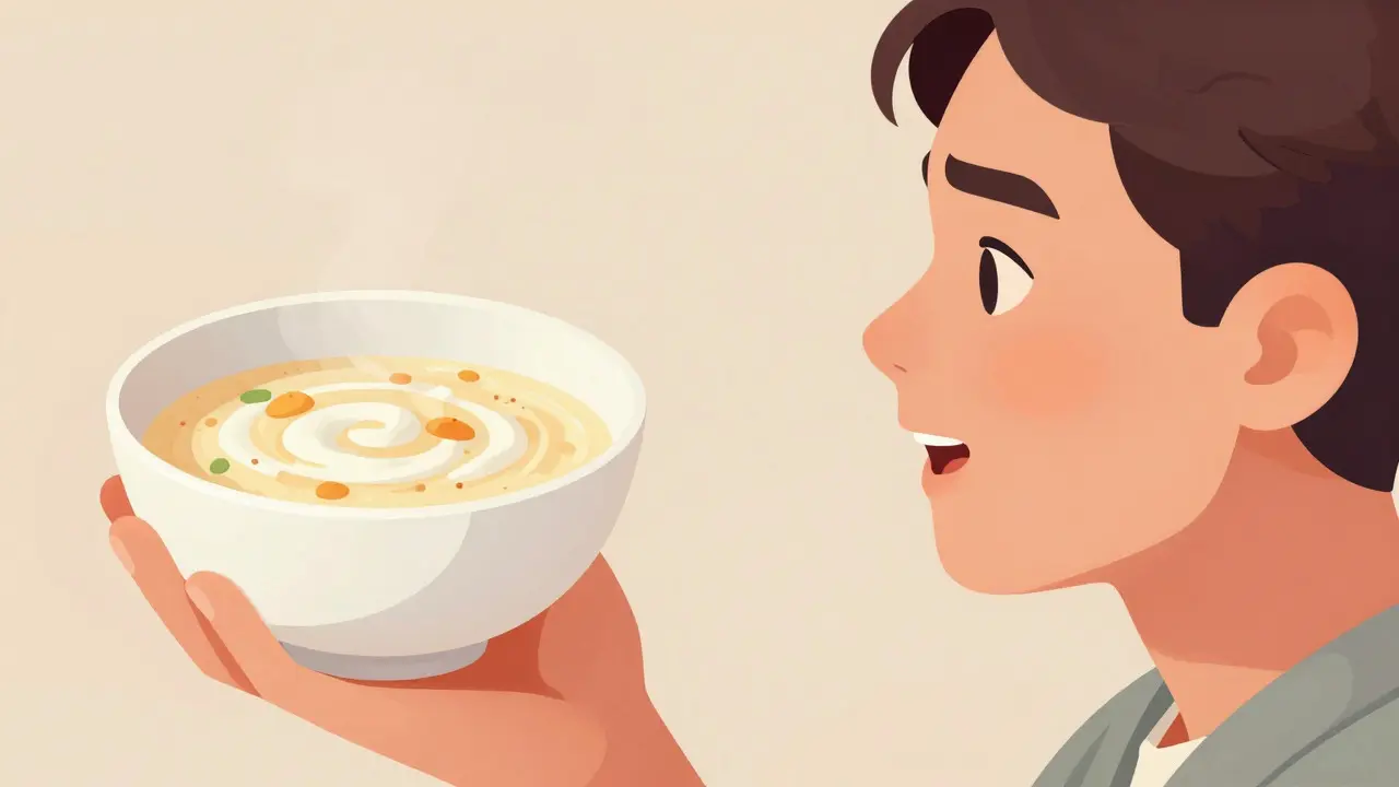 Illustration of eating soft food and speaking while adapting to dentures