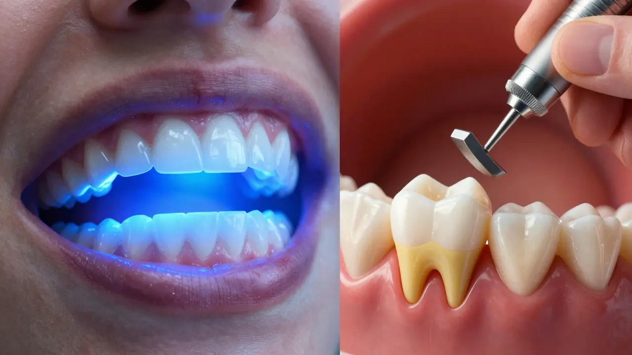 Konceptuální ilustrace srovnávající profesionální LED bělení a rizika broušení zubů odhalujícího žlutý dentin