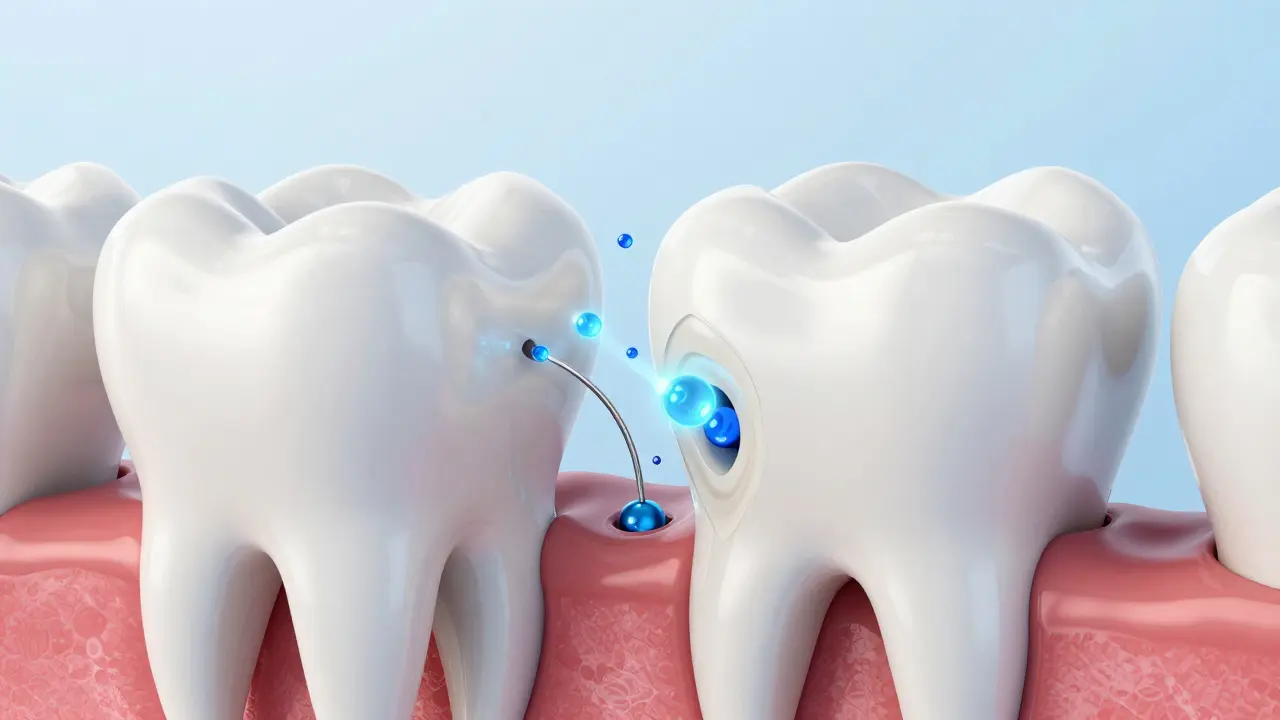 Konceptuální ilustrace uvolňování fluoridů z plomby do zubu