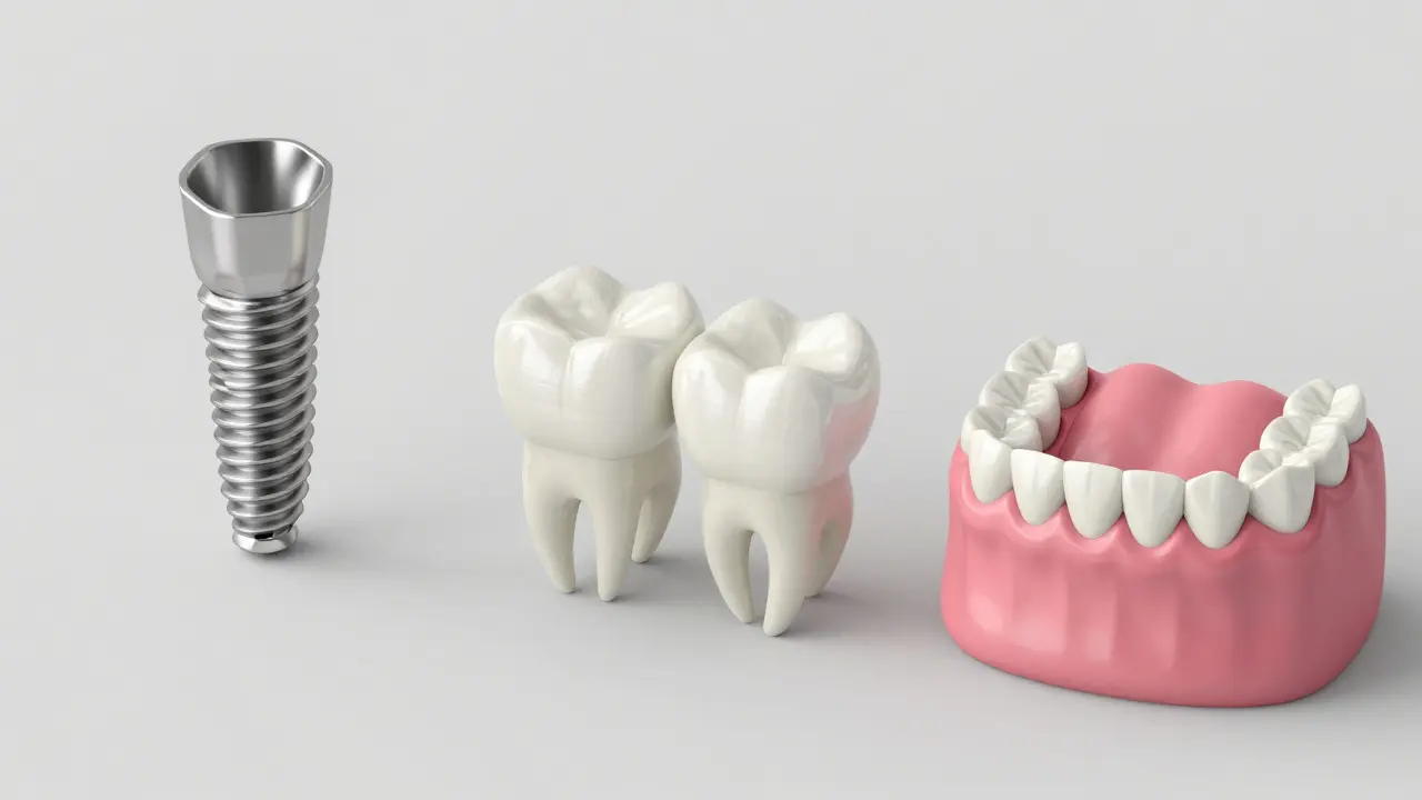 Porovnání zubního implantátu, mostu a částečné protézy