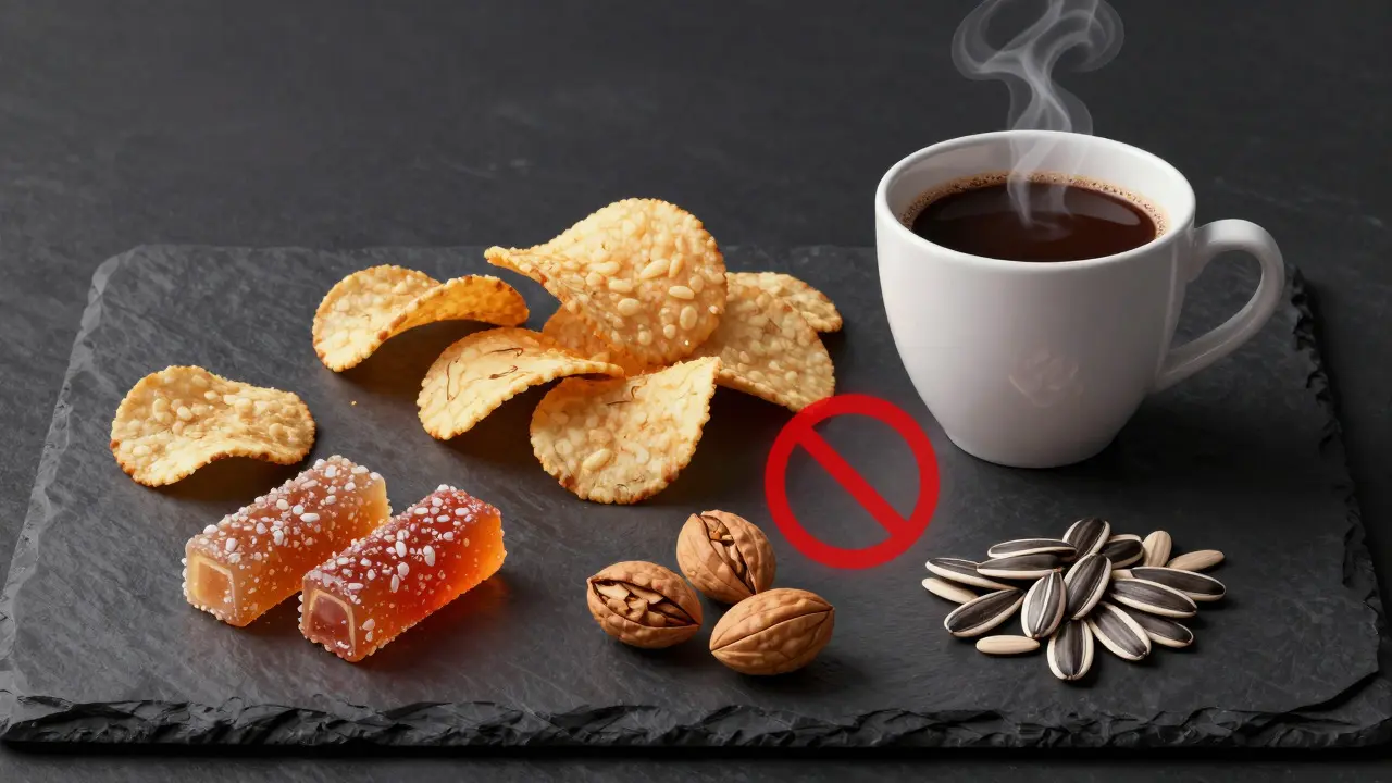 Potraviny k vyhýbání se: horká káva, chipsy a ořechy
