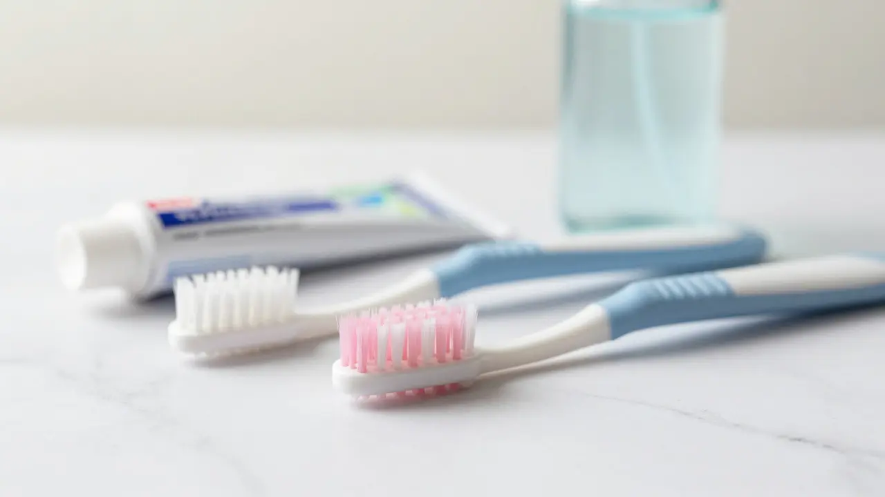 Sada nástrojů pro ústní hygienu včetně mezizubních kartáčků na bílém mramoru