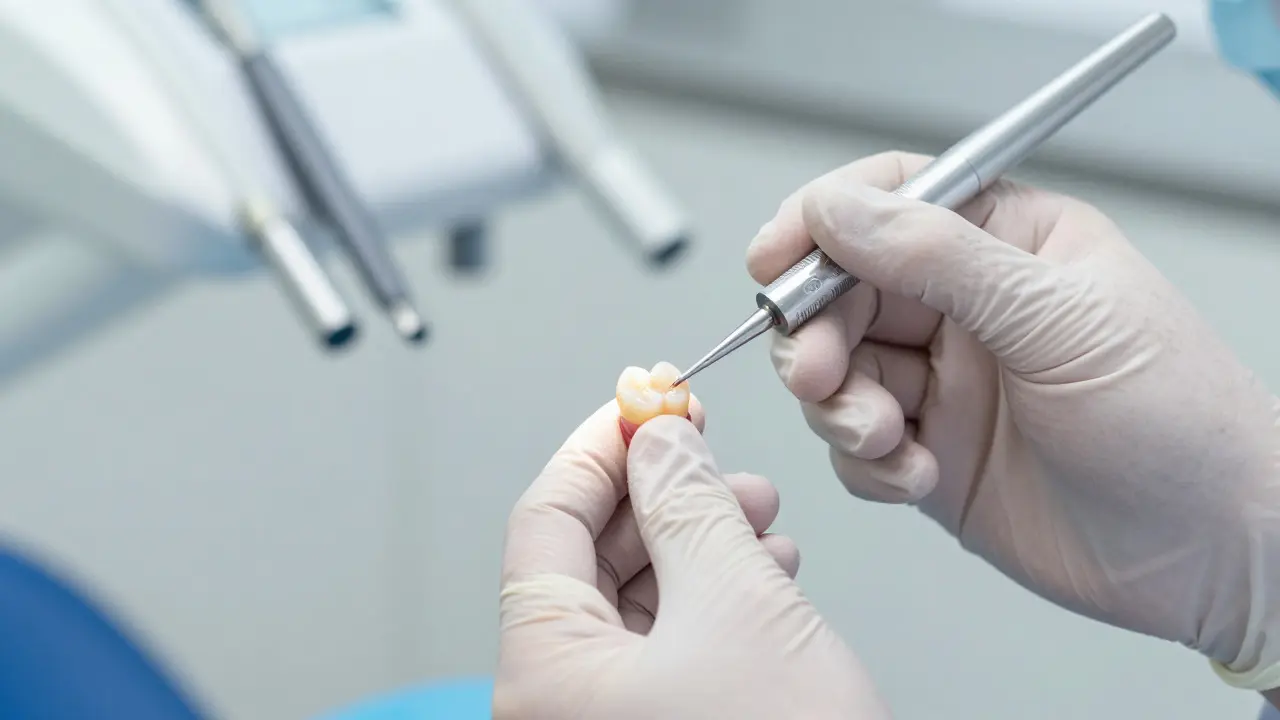 Zubař aplikuje kompozitní materiál pro opravu prasklého zubu