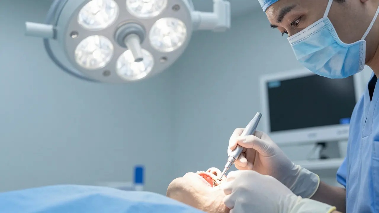 Zubní chirurg provádějící augmentaci kosti pomocí speciálních nástrojů v moderní ordinaci
