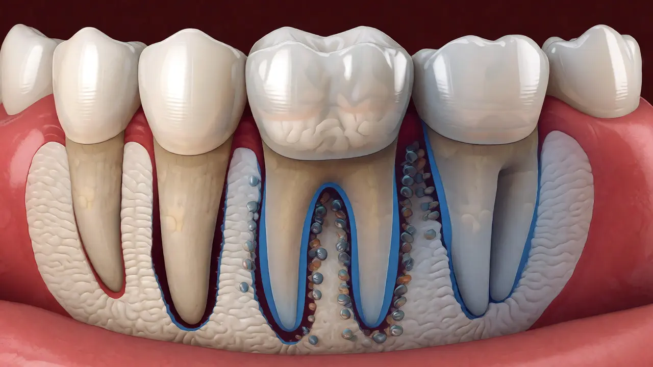 Anatomický řez čelistí ukazující úbytek kosti a viklavý zub s parodontální kapsou.