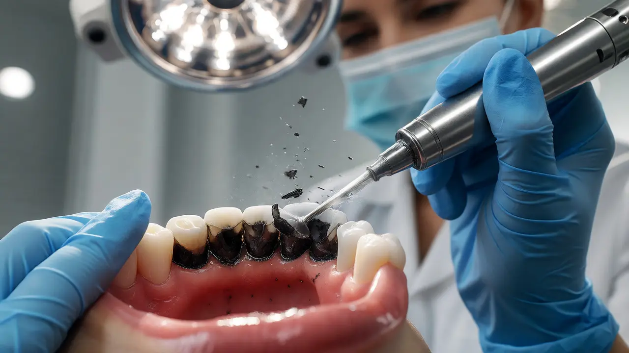 Dentální hygienista odstraňuje černý kámen ultrazvukovým přístrojem