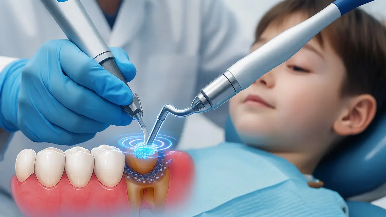 Dentista odstraňuje kámen ultrazvukovým přístrojem bezbolestně