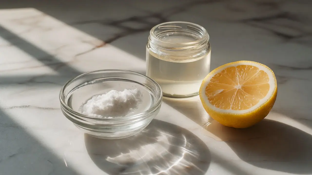 Domácí prostředky na čištění zubů: jedlá soda, citron a kokosový olej na mramoru.