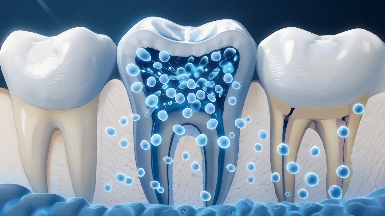 Ilustrace uvolňování fluoridu ze skloionomerní výplně do okolní tkáně zubu.