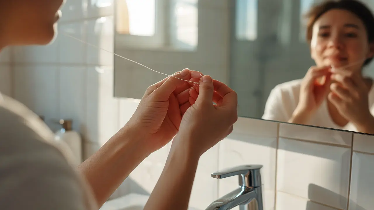 Osoba používající dentální nit správnou technikou u zrcadla