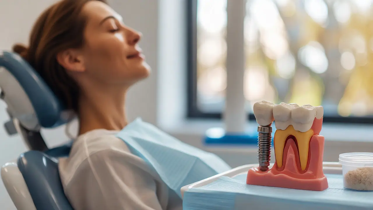Pacient v ordinaci s modelem zubního implantátu v popředí