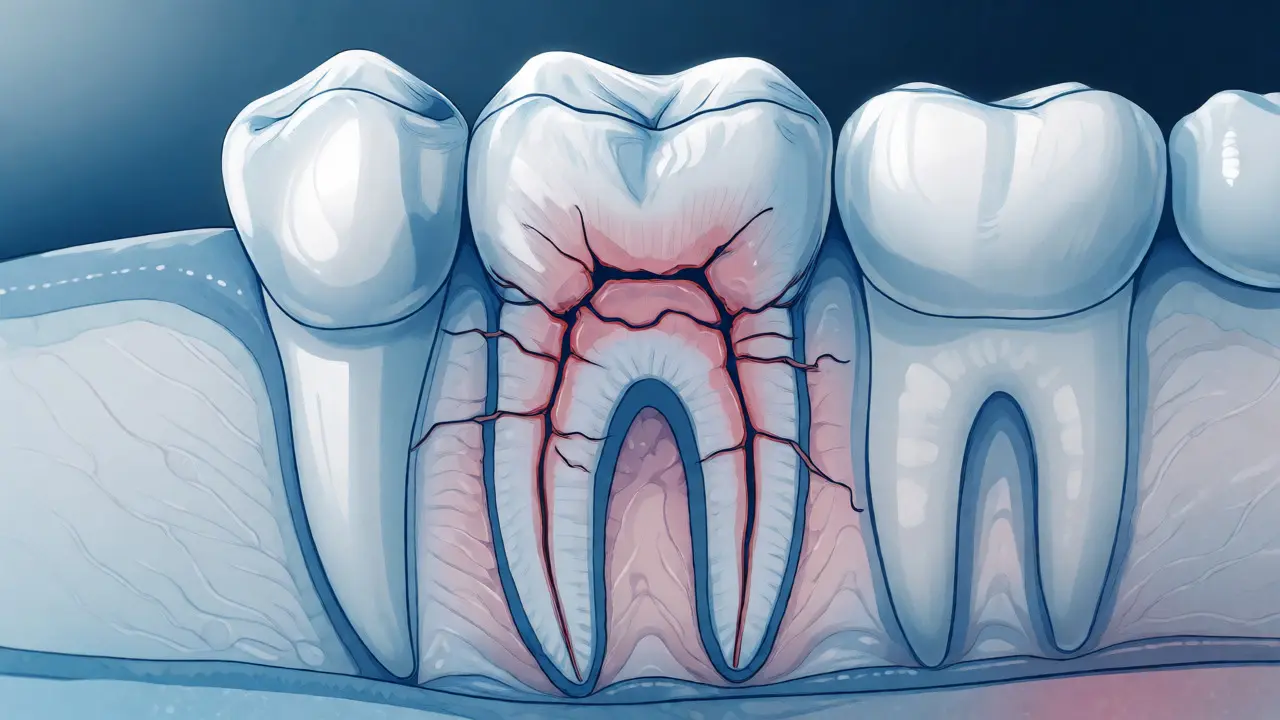 Řez premolárem zobrazující mikrofraktury ve sklovině a dentinu