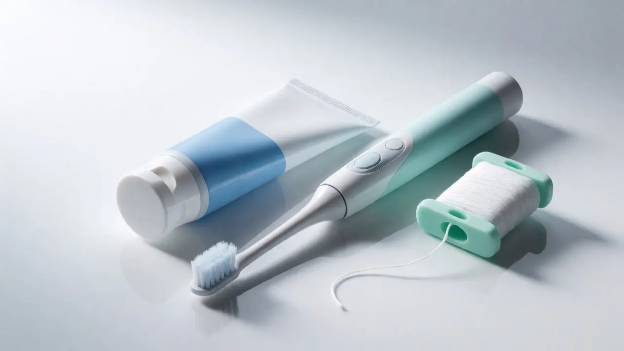 Sada nástrojů pro dentální hygienu: elektrický kartáček, fluoridová pasta a mezizubní nit.