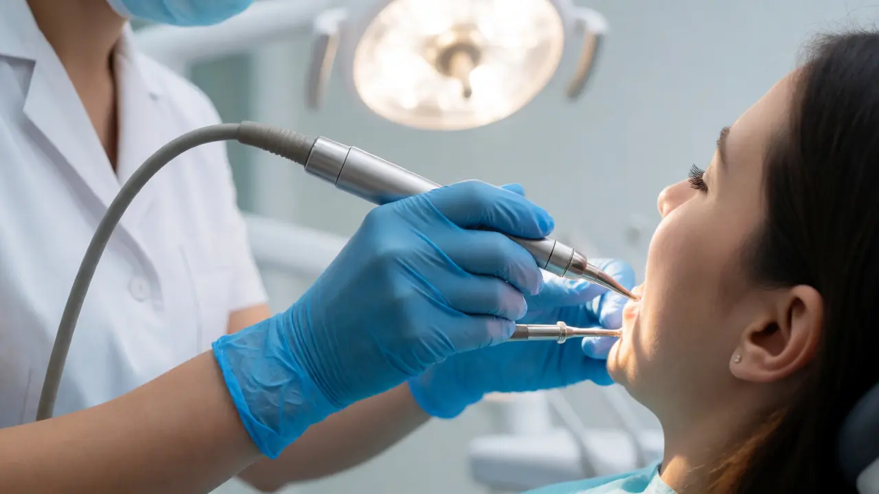 Zubní hygienista odstraňuje kámen ultrazvukem v ordinaci